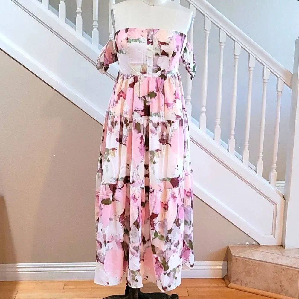 Floral Fairy Off Shoulder Summer Maxi SunDress Sz S M